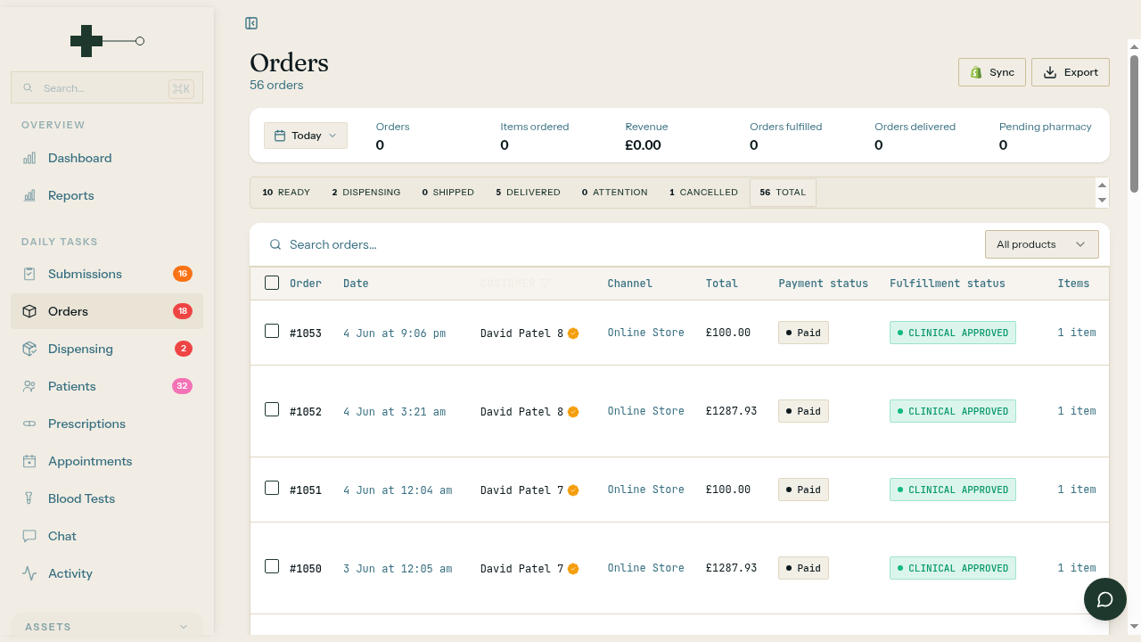Sync-RX Orders screen